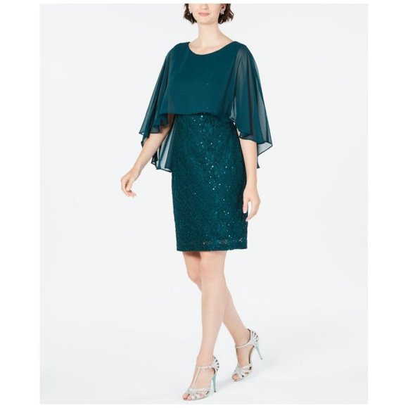 connected apparel Dresses & Skirts - Connected Petite Cape Overlay Sequined Sheer Jewel